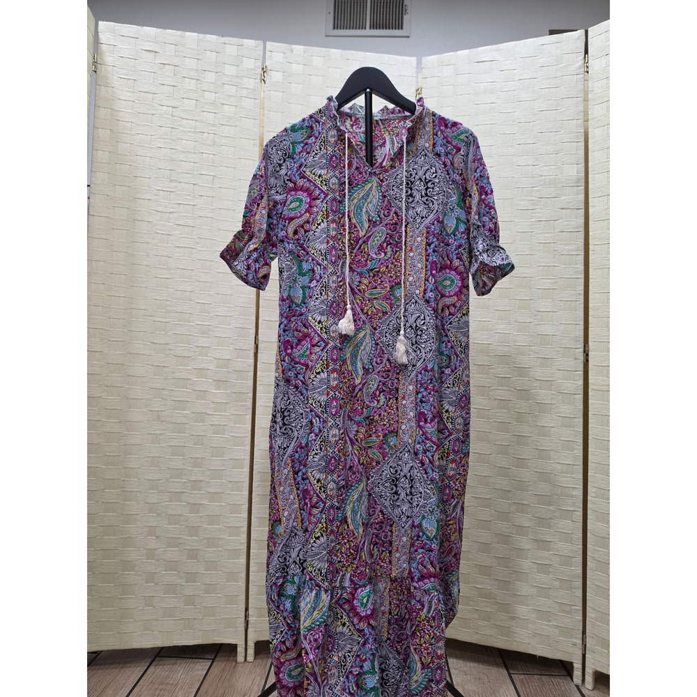 Womens Paisley Floral Boho Maxi Dress Purple Pink Tassel Tie Ruffle Hem Medium